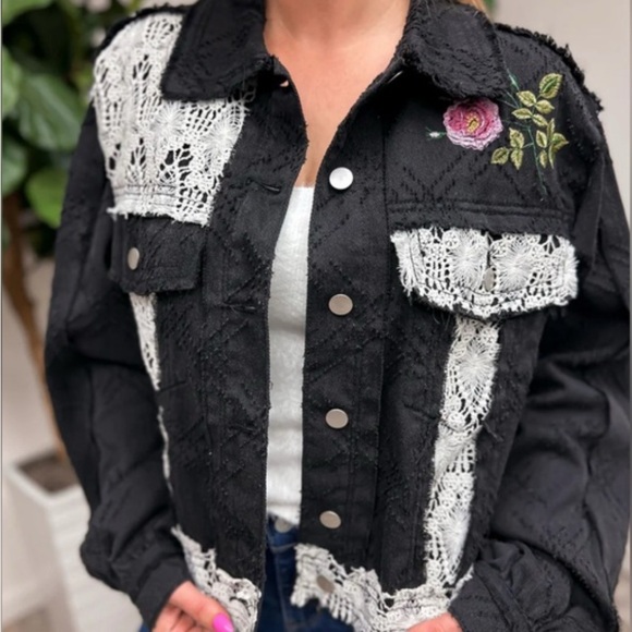POL Black and Cream Jean Jacket with Floral Embroidery - Picture 3 of 6